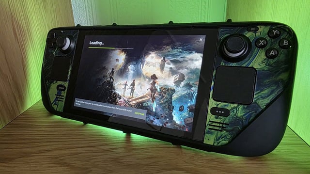 Steam Deck console with NVIDIA GeForce NOW interface on screen