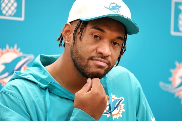 Miami Dolphins quarterback Tua Tagovailoa speaks after practice at the Baptist Health Training Complex in Miami Gardens on Wednesday, Sept. 10, 2025. (Carline Jean/South Florida Sun Sentinel)