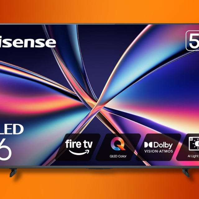 the 55-inch Hisense E6 Series QLED 4K Fire TV against an orange background