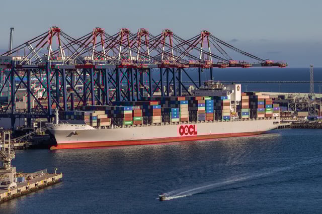 The OOCL Utah container ship is seen at the Port of Long Beach on Sept. 9, 2025 in Long Beach, California. Part of the cargo handling operations were suspended as responders work to secure dozens of containers that fell from the Mississipi Madera vessel berthed at a Port of Long Beach terminal Tuesday morning.
