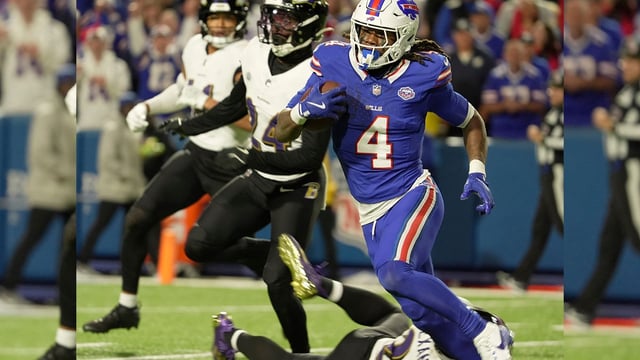 Buffalo Bills running back James Cook carries the ball almost into the end zone on this plus 10-yard carry during the second half of their game against the Baltimore Ravens at Highmark Stadium in Orchard Park on Sept. 7, 2025.