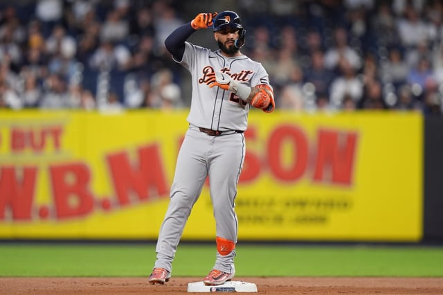 Detroit Tigers' Gleyber Torres after hitting a double during the first inning of a baseball game against the New York Yankees Tuesday, Sept. 9, 2025, in New York. (AP Photo/Frank Franklin II)