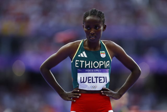 Paris 2024 Olympics - Athletics - Women's 1500m Semi-Final 2 - Stade de France, Saint-Denis, France - August 08, 2024. Diribe Welteji of Ethiopia reacts after winning her semi final. REUTERS/Sarah Meyssonnier/File Photo
