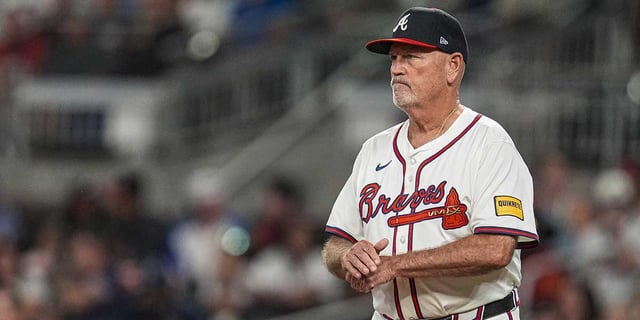 Sep 10, 2025; Cumberland, Georgia, USA; Atlanta Braves manager Brian Snitker (43) on the field against the Chicago Cubs during the eighth inning at Truist Park. Mandatory Credit: Dale Zanine-Imagn Images