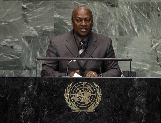 FILE -Ghana's President John Mahama addresses the high level meeting on rule of law in the United Nations General Assembly at U.N. headquarters, Sept. 24, 2012. (AP Photo/Richard Drew, File)