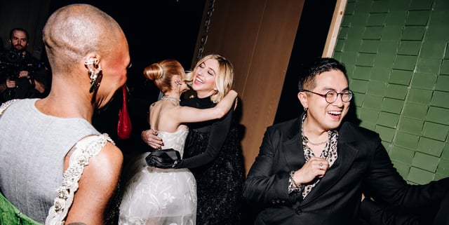 Bowen Yang and Heidi Gardner with Ariana Grande and Cynthia Erivo. (Getty)