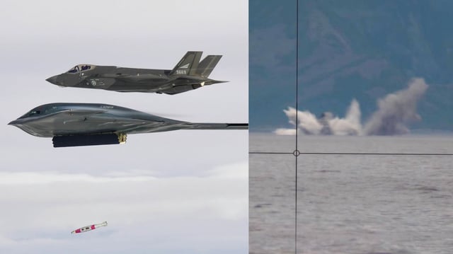 A US Air Force’s B-2 bomber launched a 2,000-pound Quicksink bomb (left) to destroy a surface vessel under realistic conditions (right).