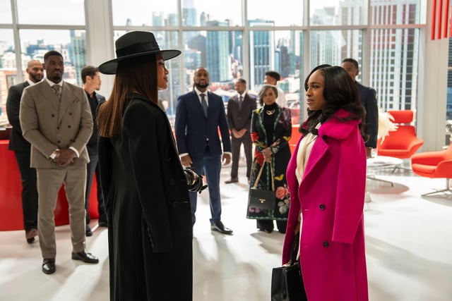 Beauty In Black. (L to R) George Middlebrook as Officer Trackson, Terrell Carter as Varney, Bryan Tanaka as Officer Alex, Crystle Stewart as Mallory, Charles Malik Whitfield as Jules, Debbi Morgan as Olivia, Taylor Polidore Williams as Kimmie in episode 207 of Beauty In Black.