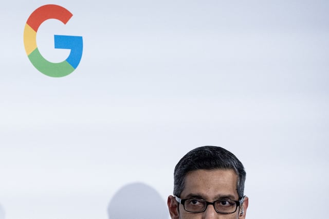 Alphabet Inc. and Google CEO Sundar Pichai speaks during the inauguration of a Google Artificial Intelligence (AI) hub in Paris on February 15, 2024.