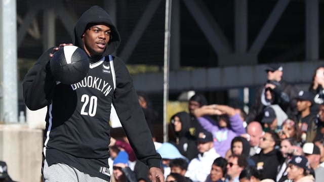 Oct 9, 2022; Brooklyn, NY, USA; Brooklyn Nets center Day'Ron Sharpe (20) dribbles the ball during the annual Practice in the Park at Brooklyn Bridge Park. Mandatory Credit: Tom Horak-USA TODAY Sports