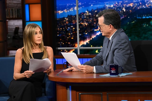 The Late Show with Stephen Colbert and guest Jennifer Aniston during Wednesday’s September 10, 2025 show.