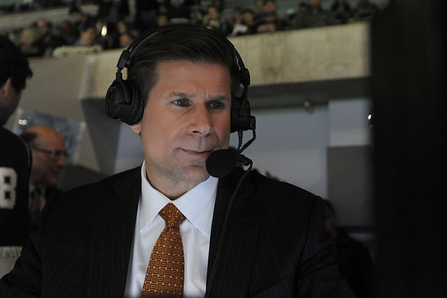 LOS ANGELES, CA - DECEMBER 18: Los Angeles Kings Broadcaster Jim Fox reviews plays from the broadcast booth during a game between the Los Angeles Kings and the St. Louis Blues at STAPLES Center on December 18, 2014 in Los Angeles, California. (Photo by Juan Ocampo/NHLI via Getty Images)