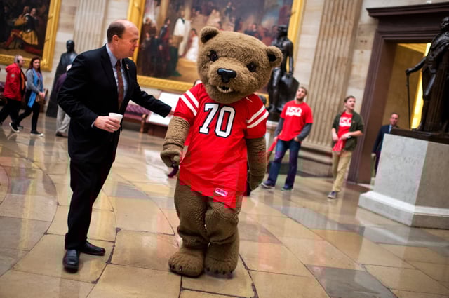 UNITED STATES - NOVEMBER 14: Rep. Tom Reed, R-N.Y., escorts "Touchdown," the bear mascot for Cornell University, through the Capitol rotunda during a visit to celebrate the school's 150th anniversary, November 14, 2014. (Photo By Tom Williams/CQ Roll Call)