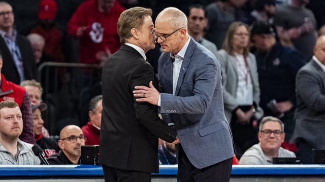 St. John's head coach Rick Pitino, left, and UConn head coach Dan Hurley shake hands after an NCAA college basketball game on Saturday, Feb. 3, 2024, in New York. UConn won, 77-64. (AP Photo/Peter K. Afriyie)