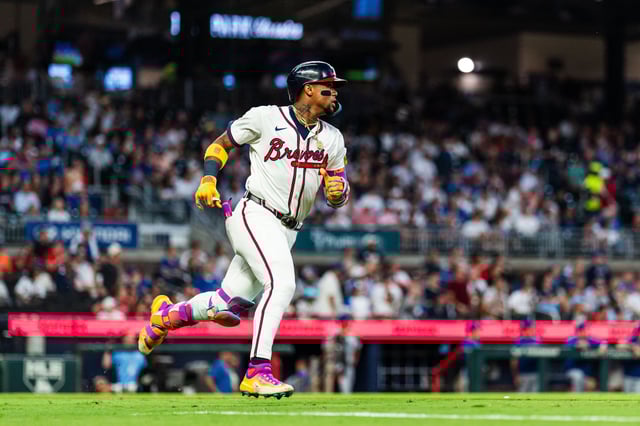 ATLANTA, GA - SEPTEMBER 9: Ronald Acuña Jr. #13 of the Atlanta Braves runs in the third inning during the game against the Chicago Cubs at Truist Park on September 9, 2025 in Atlanta, Georgia.