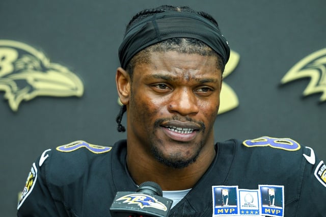 Baltimore Ravens quarterback Lamar Jackson speaks to the media after practice in Owings Mills, Maryland. (Kevin Richardson/Staff)