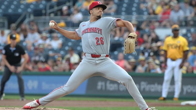 Aug 8, 2025; Pittsburgh, Pennsylvania, USA;  Cincinnati Reds starting pitcher Chase Burns (26) delivers a pitch against the Pittsburgh Pirates during the first inning at PNC Park. Mandatory Credit: Charles LeClaire-Imagn Images