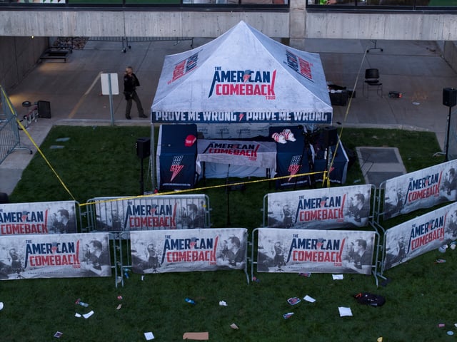 A drone view shows the scene where U.S. right-wing activist, commentator, Charlie Kirk, an ally of U.S. President Donald Trump, was fatally shot during an event at Utah Valley University, in Orem, Utah, U.S. September 11, 2025.  REUTERS/Cheney Orr