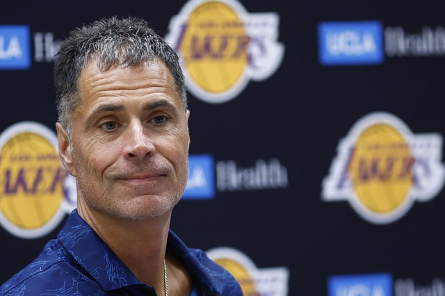 EL SEGUNDO, CALIFORNIA - JULY 02: Rob Pelinka, Vice President of Basketball Operations and General Manager of the Los Angeles Lakers during a press conference at UCLA Health Training Center on July 02, 2024 in El Segundo, California. The Lakers selected Bronny James and Dalton Knecht in the 2024 NBA Draft. NOTE TO USER: User expressly acknowledges and agrees that, by downloading and or using this photograph, User is consenting to the terms and conditions of the Getty Images License Agreement.