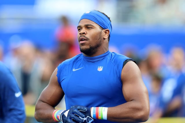 New York Giants Abdul Carter (51) is seen pregame before an NFL football game against the New York Jets on Saturday, Aug. 16, 2025. (AP Photo/Gregory Payan)