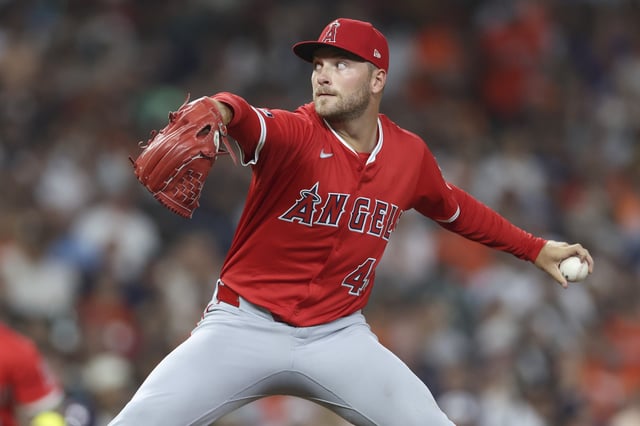 Aug 30, 2025; Houston, Texas, USA; Los Angeles Angels relief pitcher Reid Detmers (48) delivers a pitch during the seventh inning against the Houston Astros at Daikin Park. Mandatory Credit: Troy Taormina-Imagn Images/File Photo