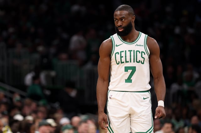 Jaylen Brown #7 of the Boston Celtics looks on in Game One of the Eastern Conference First Round NBA Playoffs at TD Garden on April 20, 2025 in Boston, Massachusetts.