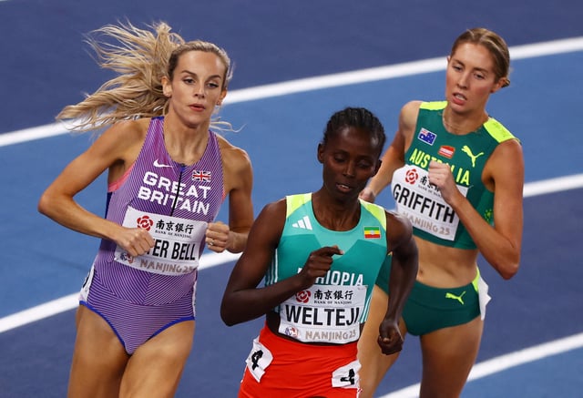 Athletics - World Athletics Indoor Championships - Nanjing Youth Olympic Sports Park, Nanjing, China - March 23, 2025 Ethiopia's Diribe Welteji, Britain's Georgia Hunter Bell and Australia's Georgia Griffith in action during the women's 1500m final REUTERS/Issei Kato/File Photo