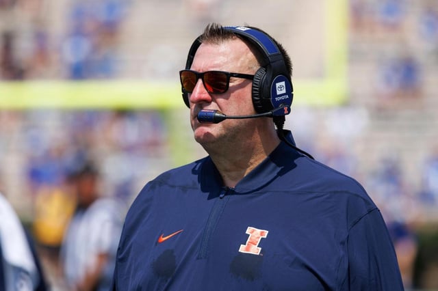 Illinois coach Bret Bielema looks towards the field during the first half against Duke in Durham, N.C., on Sept. 6, 2025. (AP Photo/Ben McKeown)