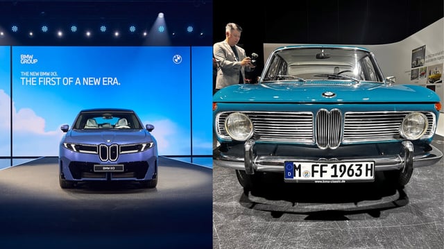 Der BMW iX3 (links) erinnert mit schmaler Niere und ebensolchem Grill tatsächlich ein wenig an die "Neue Klasse" aus den 1960ern