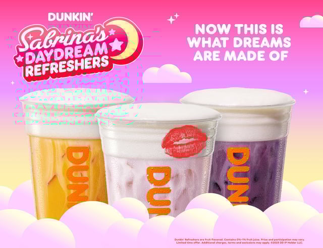 Dunkin' Donuts introduced Mixed Berry and Mango, new flavors of the Sabrina Carpenter-inspired Daydream Refresher lineup, as part of its 2025 fall menu.