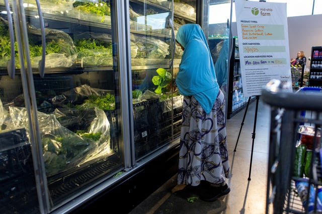 A woman shops for lettuce at the Mid-Ohio Market at Norton, a modern food pantry designed to replicate a grocery store experience, in Columbus, Ohio, U.S., May 13, 2025. REUTERS/Evelyn Hockstein/File Photo