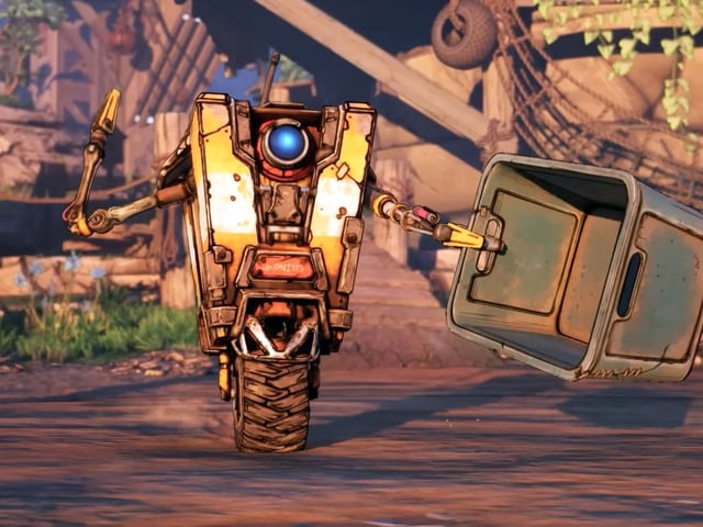 Borderlands 4 elevator clearance: Claptrap moving towards the camera while holding an empty box out with his left hand.