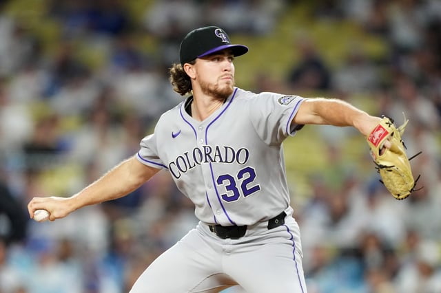 Sep 8, 2025; Los Angeles, California, USA; Colorado Rockies pitcher Chase Dollander (32) pitches in the second inning against the Los Angeles Dodgers at Dodger Stadium. Mandatory Credit: Kirby Lee-Imagn Images/ File Photo