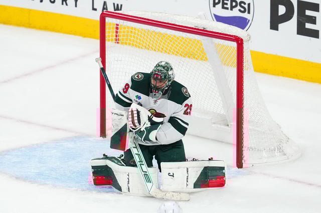 Apr 29, 2025; Las Vegas, Nevada, USA; Minnesota Wild goaltender Marc-Andre Fleury (29) makes a save against the Vegas Golden Knights during the third period of game five of the first round of the 2025 Stanley Cup Playoffs at T-Mobile Arena. Mandatory Credit: Stephen R. Sylvanie-Imagn Images/ File Photo