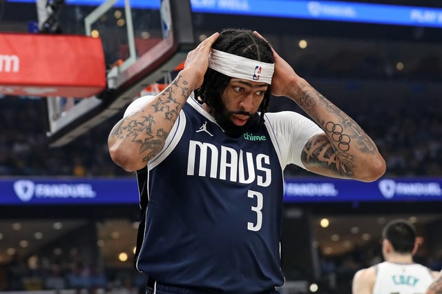 MEMPHIS, TENNESSEE - APRIL 18: Anthony Davis #3 of the Dallas Mavericks reacts against the Memphis Grizzlies during the first half of the Play-In Tournament at FedExForum on April 18, 2025 in Memphis, Tennessee. NOTE TO USER: User expressly acknowledges and agrees that, by downloading and or using this photograph, User is consenting to the terms and conditions of the Getty Images License Agreement.