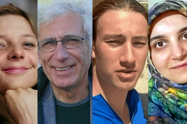 De gauche à droite, Cécile Kohler, Jacques Paris, Lennart Monterlos, les trois Français arbitrairement détenus en Iran, et l'Iranienne Mahdieh Esfandiari, emprisonnée en France.  
