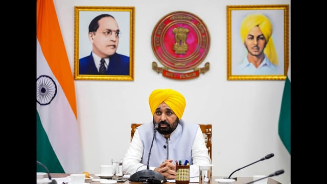 Punjab chief minister Bhagwant Mann virtually chairs a high-level meeting with the state's deputy commissioners and other senior officials from various departments to review flood situation in the state. (Sourced)