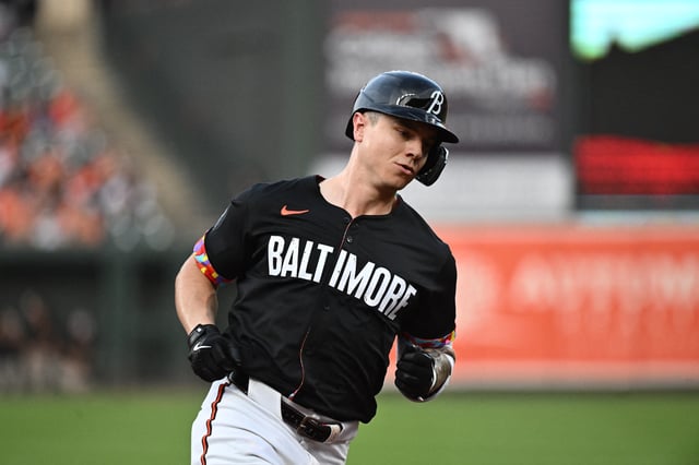 Jul 25, 2025; Baltimore, Maryland, USA;  Baltimore Orioles outfielder Tyler O'Neill (9) rounds the bases after hitting a solo home run during the first inning against the Colorado Rockies at Oriole Park at Camden Yards. Mandatory Credit: James A. Pittman-Imagn Images/File Photo