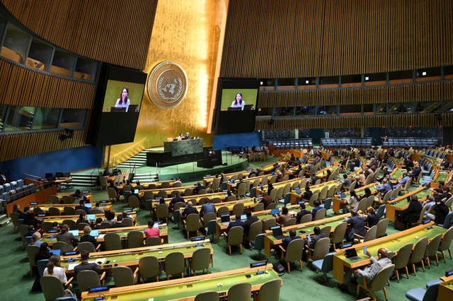 Former German Foreign Minister and President of the 80th session of the United Nations General Assembly Annalena Baerbock speaks at United Nations headquarters on September 12, 2025 in New York City.