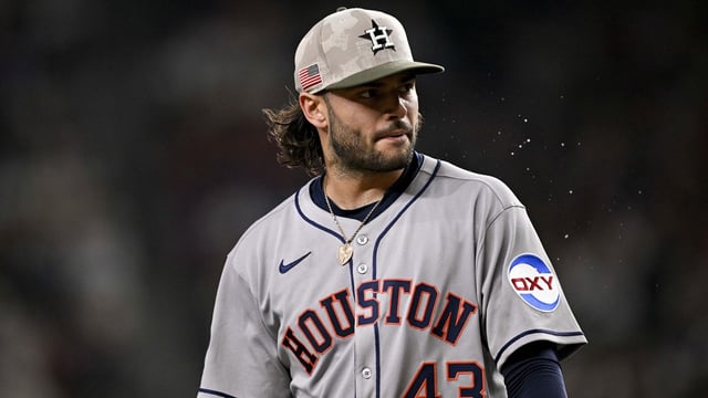 May 16, 2025; Arlington, Texas, USA; Houston Astros starting pitcher Lance McCullers Jr. (43) comes off the field after pitching against the Texas Rangers during the fourth inning at Globe Life Field. Mandatory Credit: Jerome Miron-Imagn Images