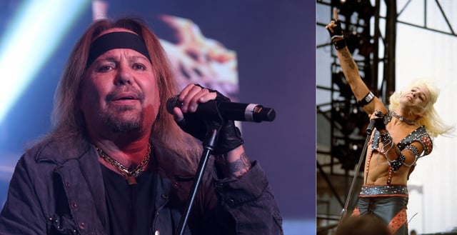Vince Neil performs with Mötley Crüe in 2024 and 1983. (Getty)