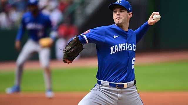 Apr 13, 2025; Cleveland, Ohio, USA; Kansas City Royals starting pitcher Cole Ragans (55) throws a pitch during the first inning against the Cleveland Guardians at Progressive Field. Mandatory Credit: David Dermer-Imagn Images