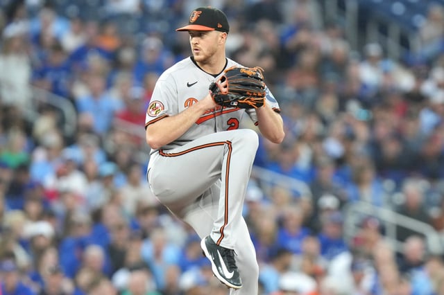 Baltimore Orioles pitcher Trevor Rogers winds up to throw against the Toronto Blue Jays during first-inning baseball game action in Toronto, Friday, Sept. 12, 2025. (Chris Young/The Canadian Press via AP)
