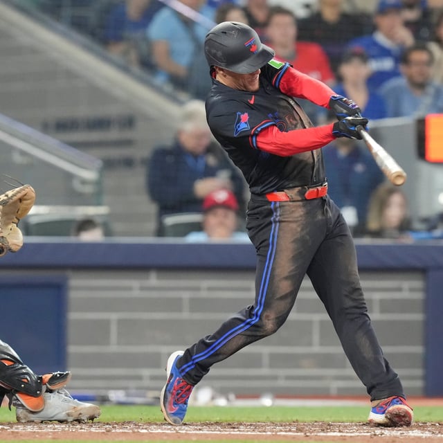 Toronto Blue Jays' Myles Straw (3) hits an RBI double against the Baltimore Orioles during sixth inning MLB baseball action in Toronto on Friday September 12, 2025. THE CANADIAN PRESS/Chris Young