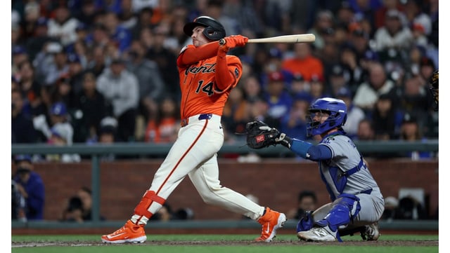 The San Francisco Giants’ Patrick Bailey hits a walk-off grand slam in the 10th inning to beat the Dodgers, 5-1, on Friday night in San Francisco. (Photo by Ezra Shaw/Getty Images)