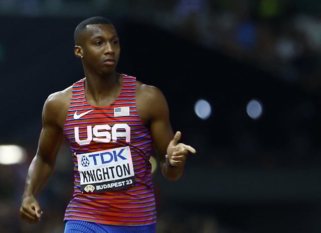 Athletics - World Athletics Championship - Men's 200m Semi Finals - National Athletics Centre, Budapest, Hungary - August 24, 2023 Erriyon Knighton of the U.S. crosses the line to finish first in heat 3 REUTERS/Sarah Meyssonnier/File Photo