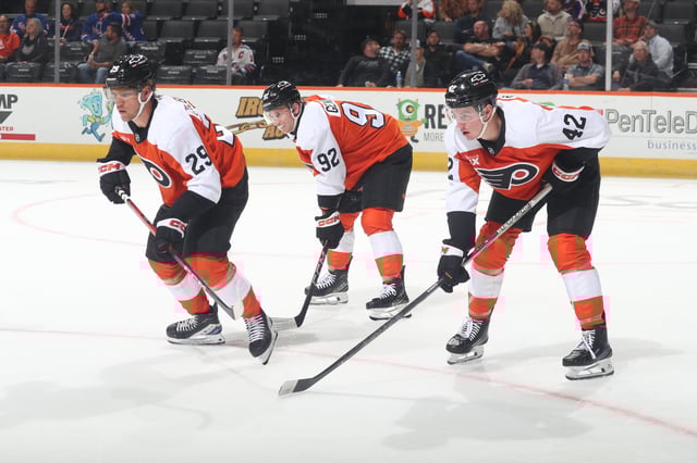 Nikita Grebenkin, Alexis Gendron, and Spencer Gill of the Philadelphia Flyers (Photo credit: JustSports Photography)