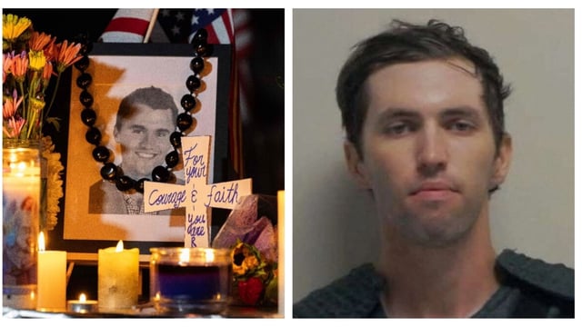 Candles and flowers (Left) are seen near a portrait of right-wing activist Charlie Kirk at a makeshift memorial during a candlelight vigil at Memorial Park in Provo, Utah and A police mugshot (Right) shows Tyler Robinson, the suspect in the murder of Kirk.