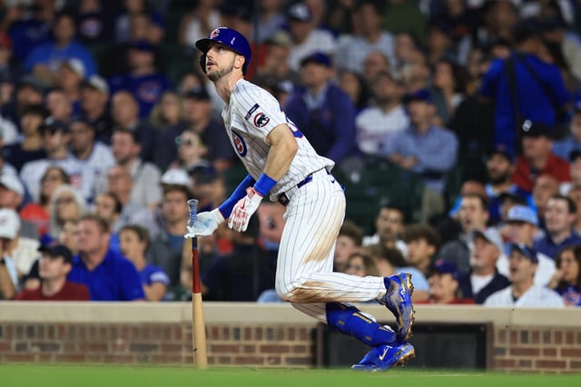 CHICAGO, ILLINOIS - SEPTEMBER 2: Kyle Tucker #30 of the Chicago Cubs hits a three-run home run during the third inning during the third inning at Wrigley Field on September 2, 2025 in Chicago, Illinois.