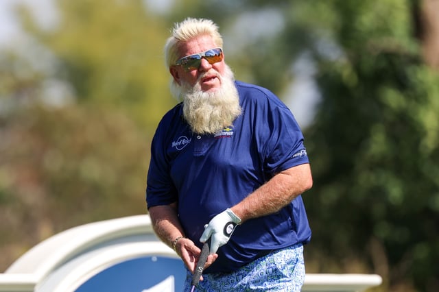 SIOUX FALLS, SOUTH DAKOTA - SEPTEMBER 12: John Daly of the United States looks on after his shot on the fourth tee during the first round of the Sanford International 2025 at Minnehaha Country Club on September 12, 2025 in Sioux Falls, South Dakota. (Photo by Steven Garcia/Getty Images)